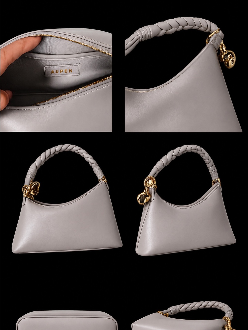Aupem Soft Gray Braided-Handle Shoulder Bag with Gold Accents